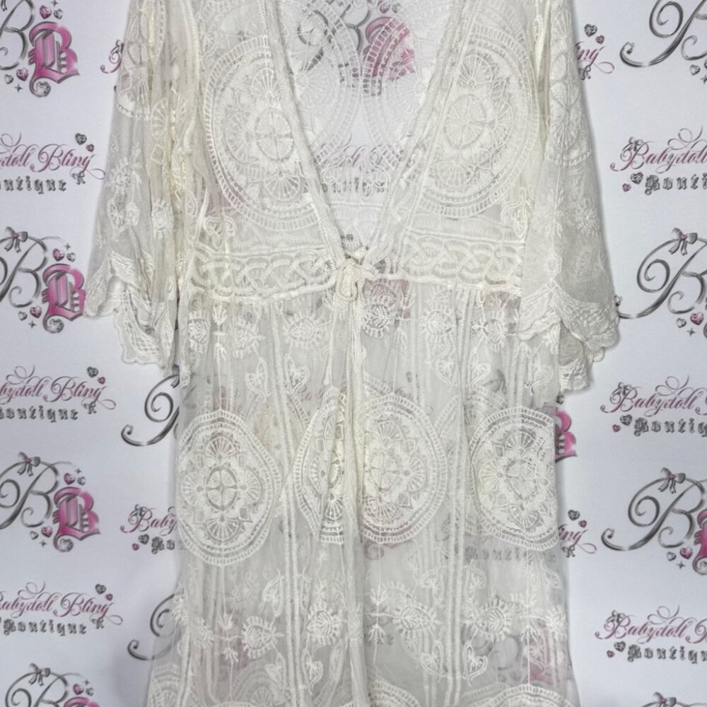 Cardigan Bohemian Lace Kimono Cardigan - White cream tie up ribbon belt ONESIZE - Picture 2 of 11